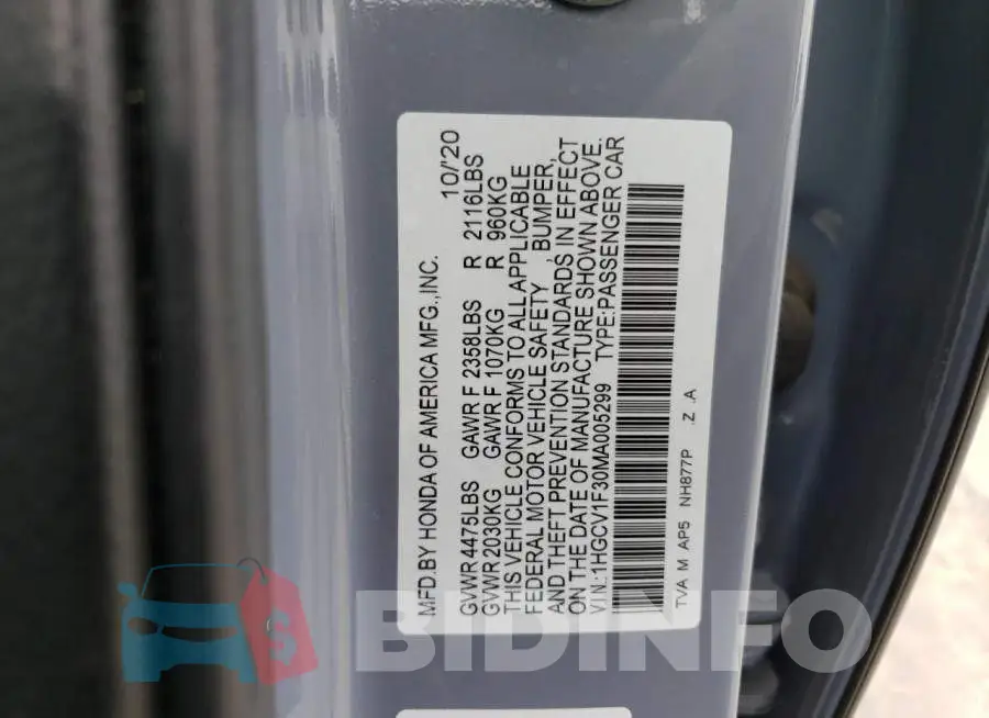 1HGCV1F30MA005299 Photo# 12