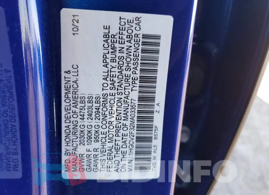 1HGCV2F32MA033577 Photo# 12