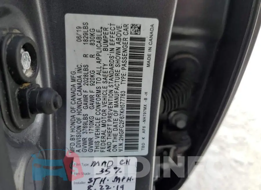 2HGFC2F67KH577763 Photo# 12
