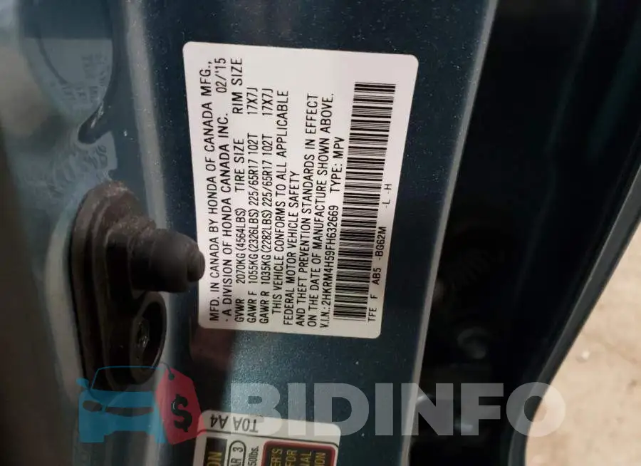 2HKRM4H59FH632669 Photo# 12