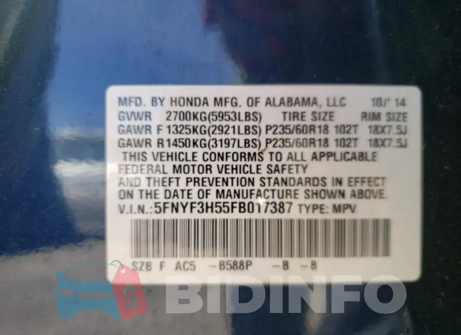 5FNYF3H55FB017387 Photo# 12