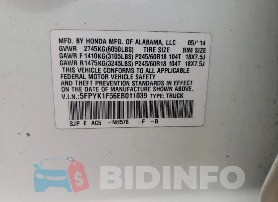 5FPYK1F56EB011039 Photo# 12
