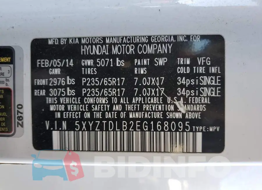 5XYZTDLB2EG168095 Photo# 14