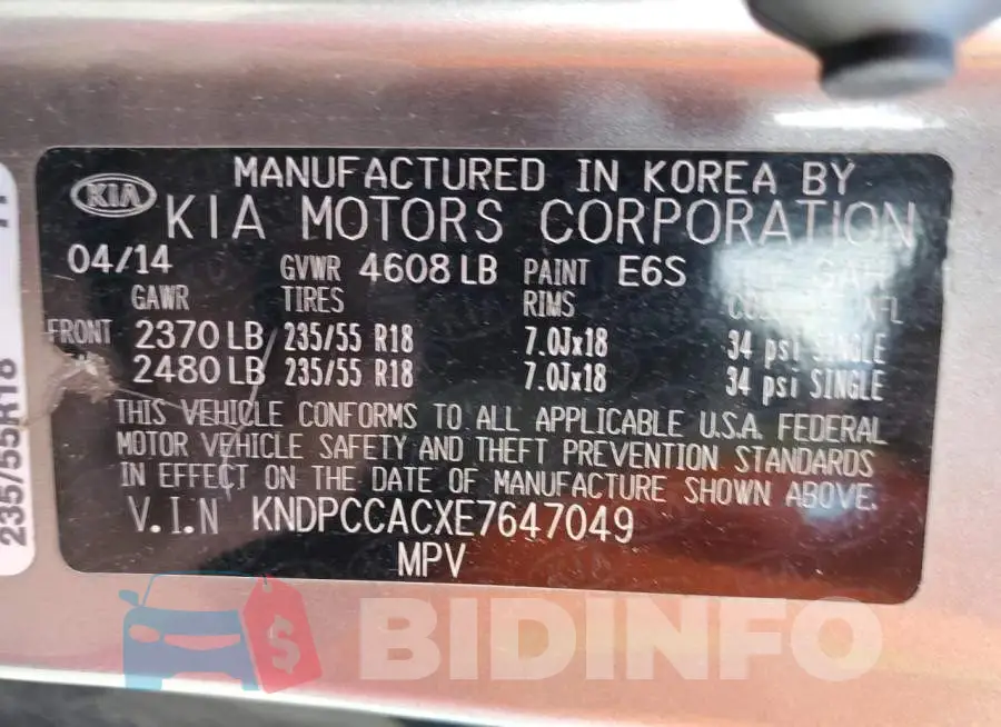 KNDPCCACXE7647049 Photo# 14