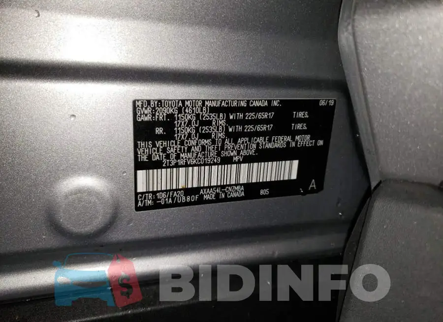 2T3P1RFV6KC019249 Photo# 14