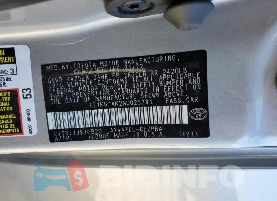 4T1K61AK2NU025281 Photo# 12