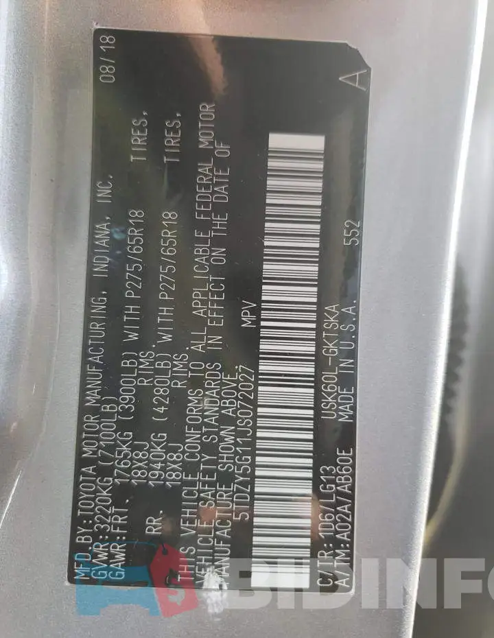 5TDZY5G11JS072027 Photo# 13