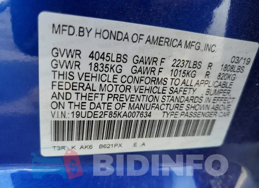19UDE2F85KA007634 Photo# 10