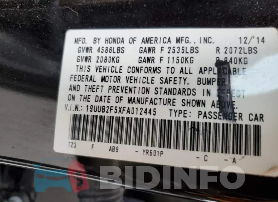 19UUB2F5XFA012445 Photo# 12
