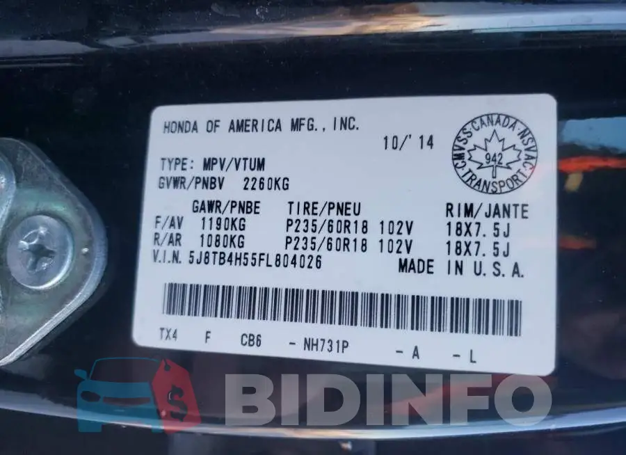 5J8TB4H55FL804026 Photo# 13