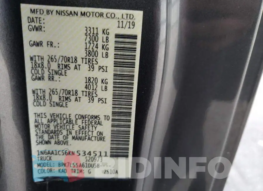 1N6AA1C56KN534511 Photo# 12