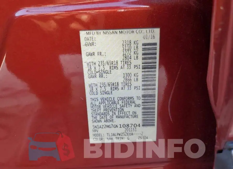 5N1AZ2MG7GN108704 Photo# 13