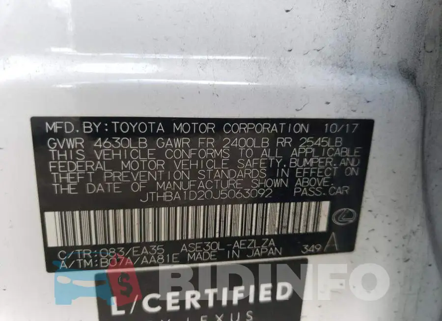 JTHBA1D20J5063092 Photo# 12