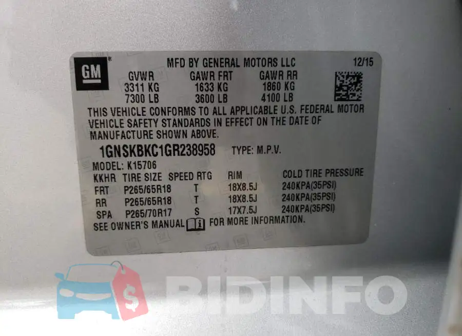 1GNSKBKC1GR238958 Photo# 13
