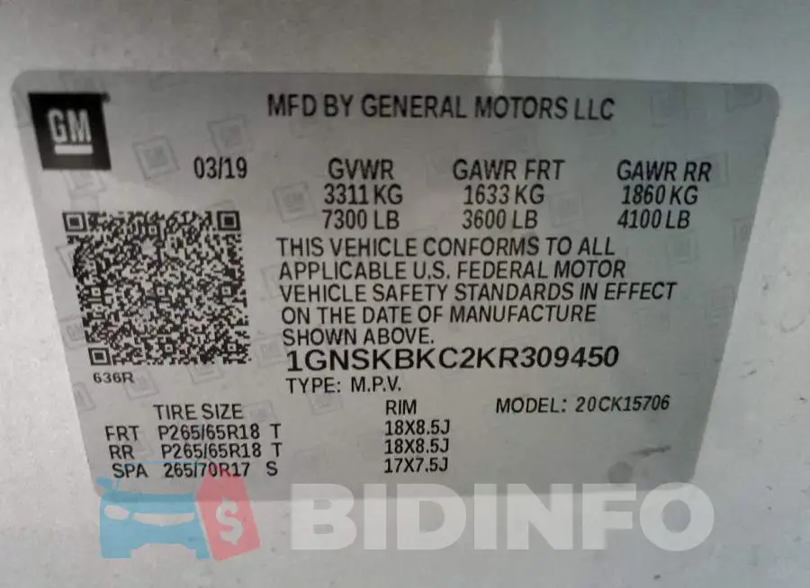 1GNSKBKC2KR309450 Photo# 13