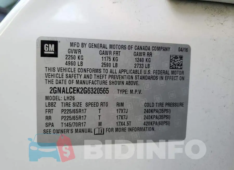 2GNALCEK2G6320565 Photo# 14