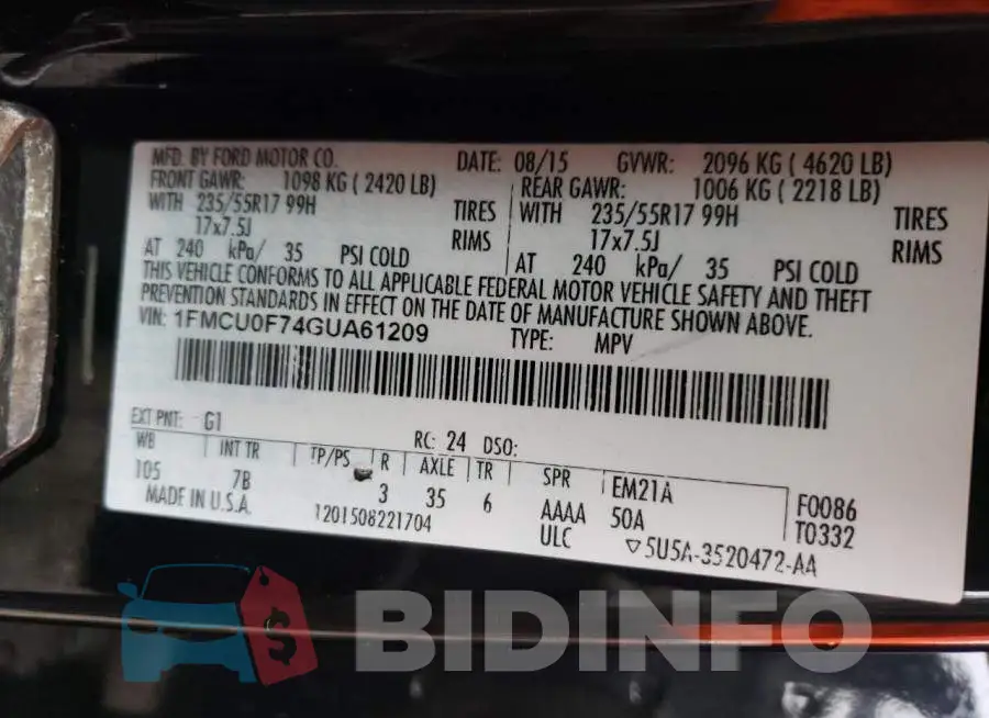 1FMCU0F74GUA61209 Photo# 14