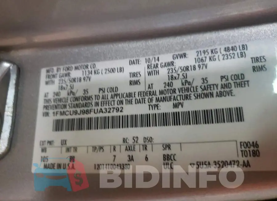 1FMCU9J98FUA32792 Photo# 13