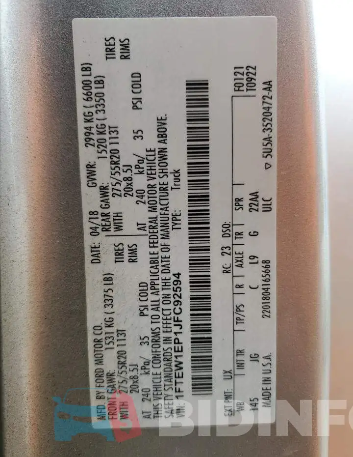 1FTEW1EP1JFC92594 Photo# 12