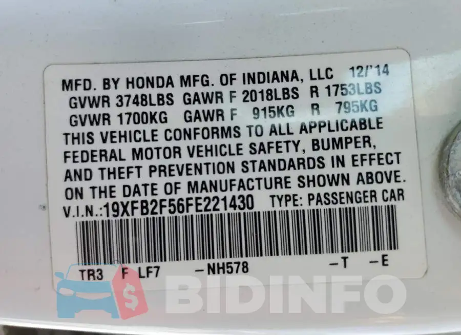 19XFB2F56FE221430 Photo# 12