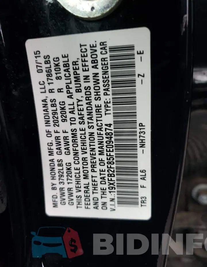 19XFB2F85FE094874 Photo# 12