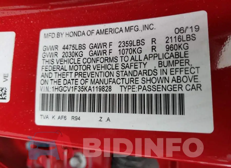 1HGCV1F35KA119828 Photo# 12