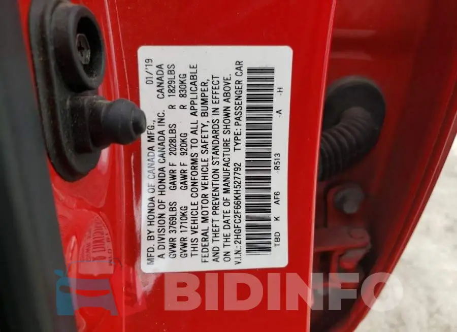 2HGFC2F66KH527792 Photo# 12