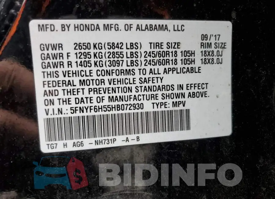 5FNYF6H55HB072930 Photo# 13