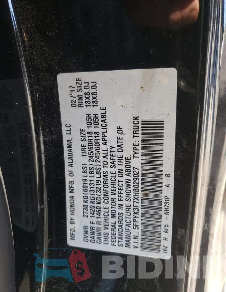 5FPYK3F7XHB029027 Photo# 13