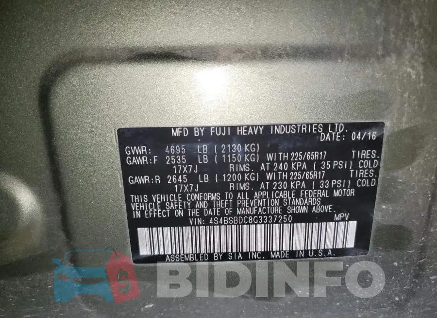 4S4BSBDC8G3337250 Photo# 13