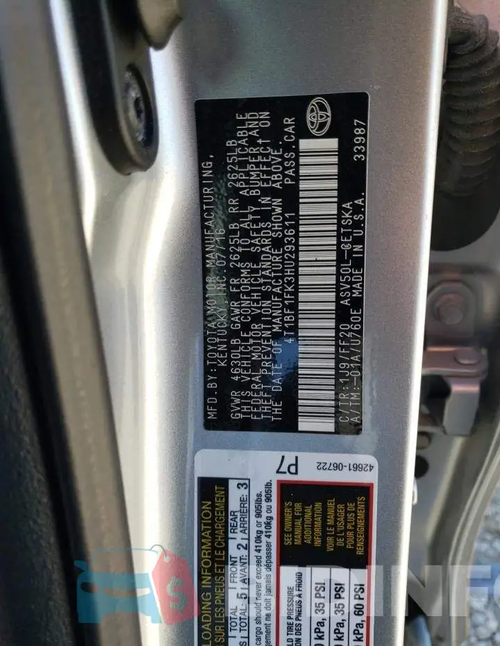 4T1BF1FK3HU293611 Photo# 12