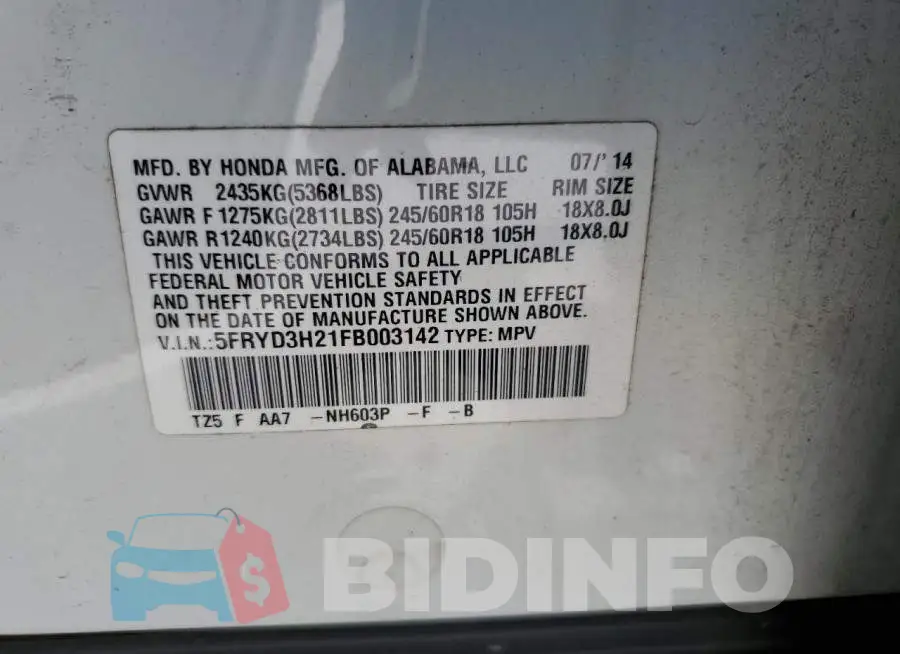 5FRYD3H21FB003142 Photo# 13