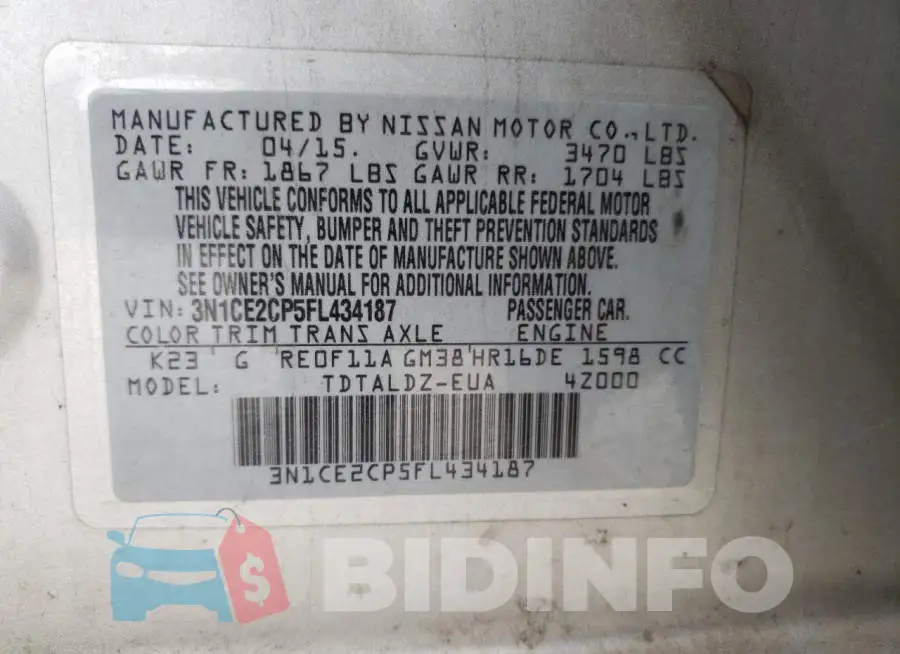 3N1CE2CP5FL434187 Photo# 13