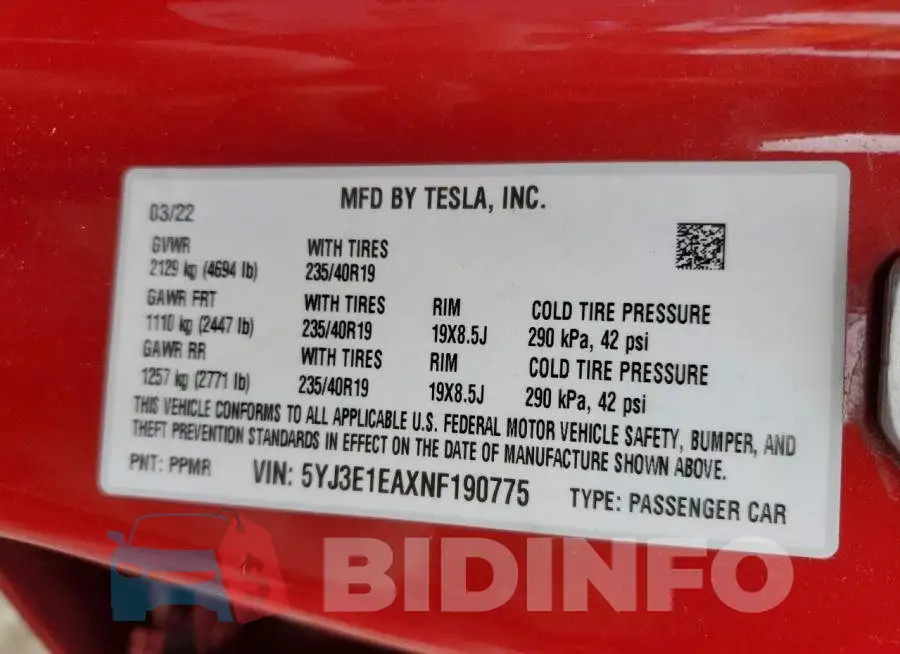 5YJ3E1EAXNF190775 Photo# 12