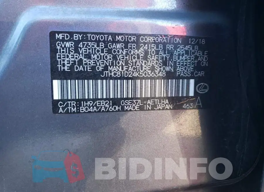 JTHC81D24K5036348 Photo# 12