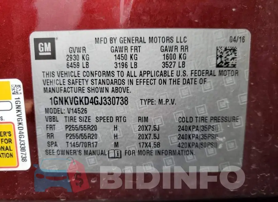 1GNKVGKD4GJ330738 Photo# 13