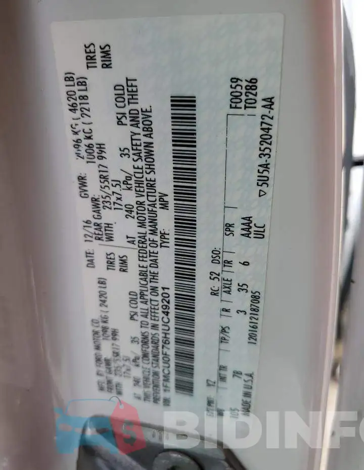 1FMCU0F76HUC49201 Photo# 12