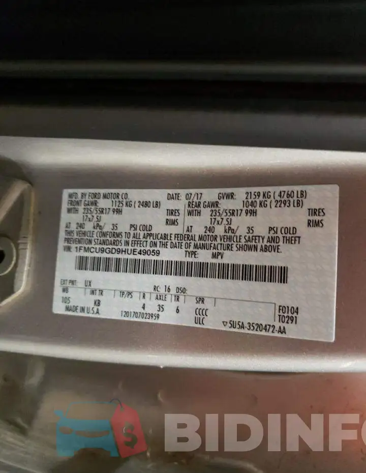 1FMCU9GD9HUE49059 Photo# 12