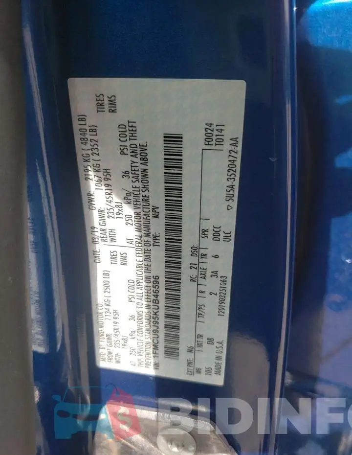 1FMCU9J95KUB46596 Photo# 13