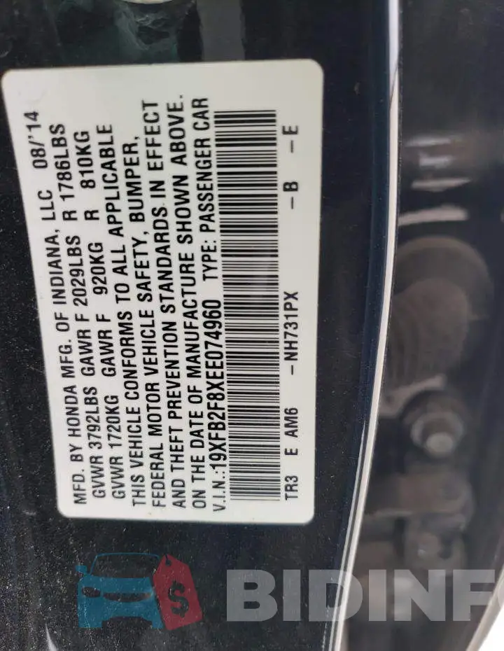 19XFB2F8XEE074960 Photo# 12