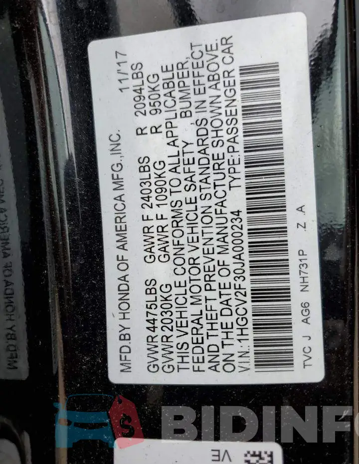 1HGCV2F30JA000234 Photo# 12