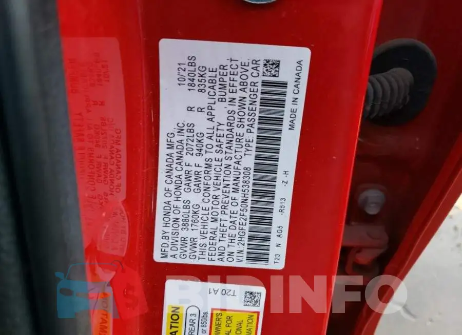 2HGFE2F50NH538308 Photo# 12