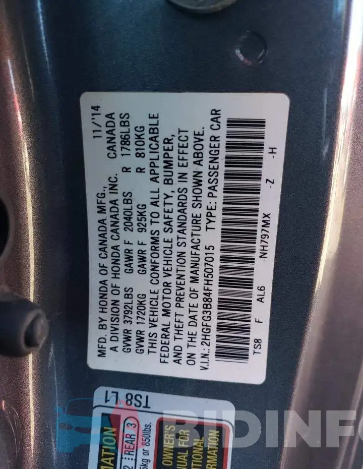 2HGFG3B84FH507015 Photo# 12
