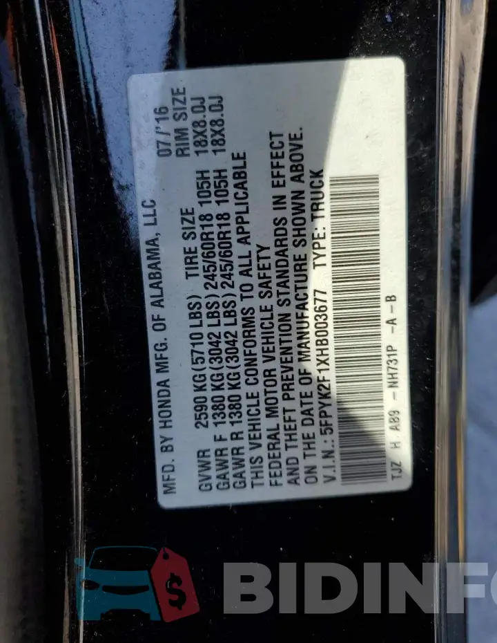 5FPYK2F1XHB003677 Photo# 12
