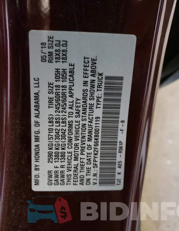 5FPYK2F66KB001119 Photo# 10