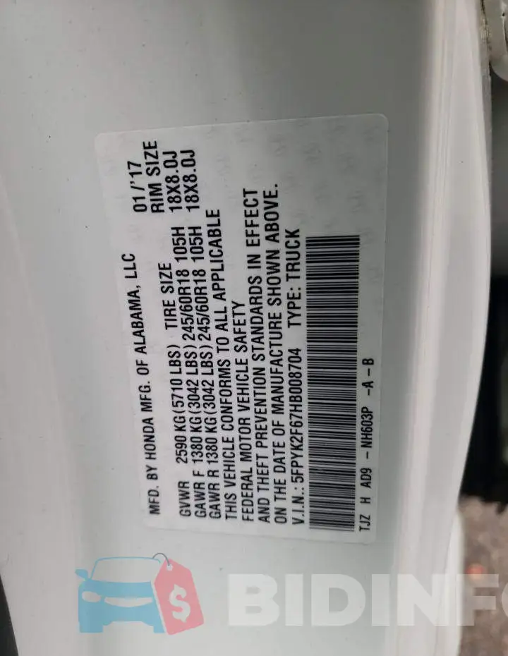 5FPYK2F67HB008704 Photo# 13