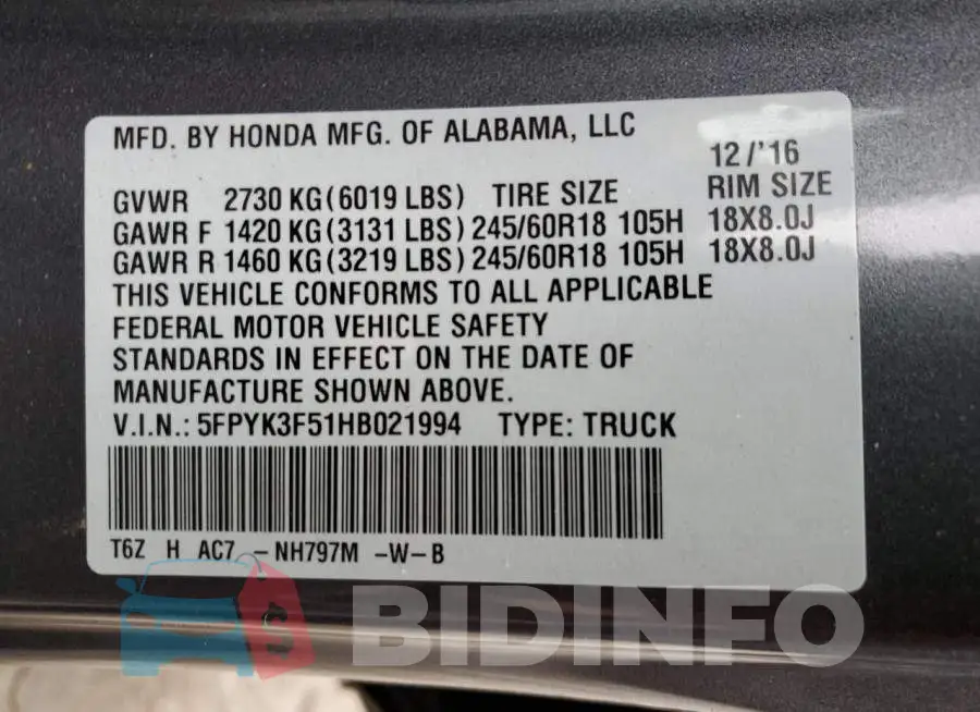 5FPYK3F51HB021994 Photo# 13