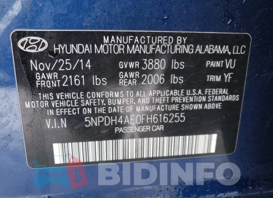 5NPDH4AE0FH616255 Photo# 12