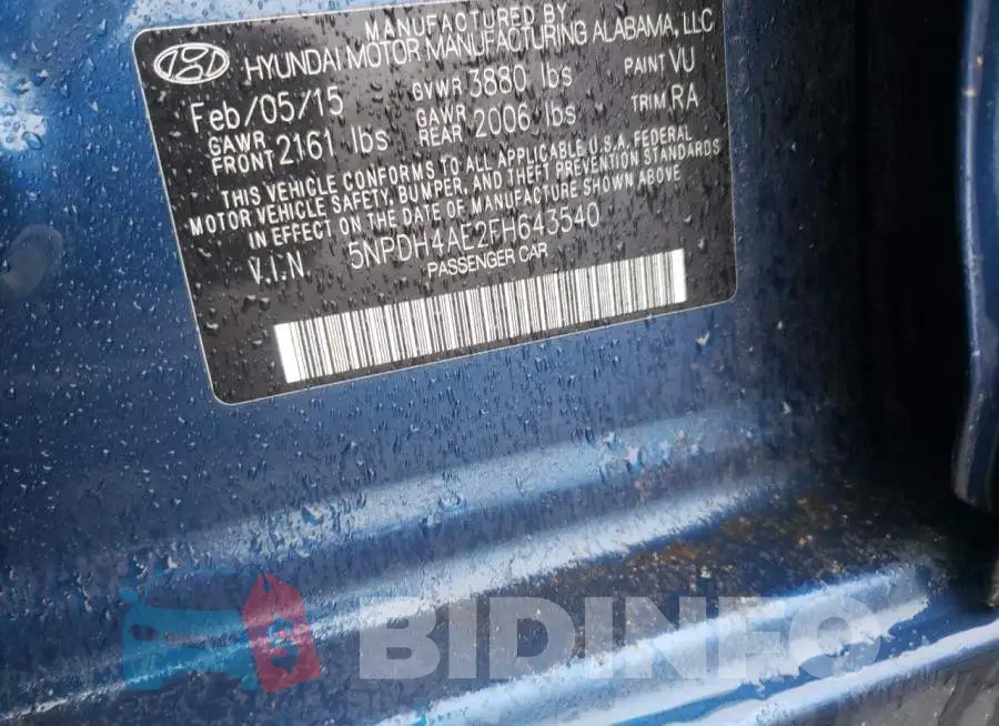 5NPDH4AE2FH643540 Photo# 12
