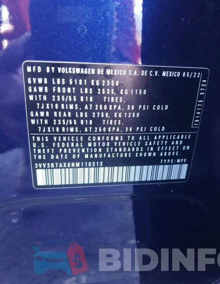 3VV3B7AX8NM110313 Photo# 13